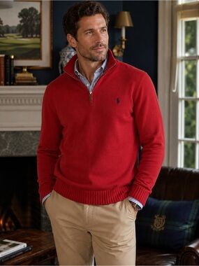 Polo Ralph Lauren Red Quarter Zip Cotton Knit Sweater Pony Logo Men’s XL Classic